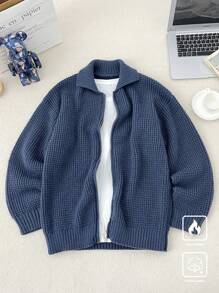 Claim Dot Men's Solid Color Front Zip Long Sleeve Minimal Casual Cardigan Going Out Drop Shoulder Plain Chunky Cardigan Casual Blue Cardigan, For Husband, Boyfriend Gifts