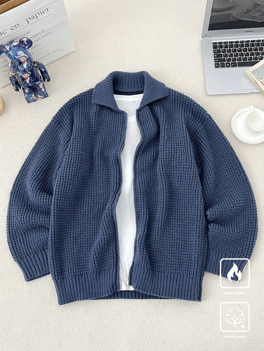 Claim Dot Men's Solid Color Front Zip Long Sleeve Minimal Casual Cardigan Going Out Drop Shoulder Plain Chunky Cardigan Casual Blue Cardigan, For Husband, Boyfriend Gifts