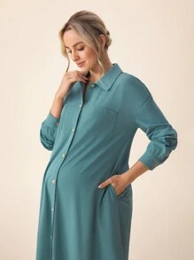 SHEIN 蓝绿色纽扣前口袋孕妇中长连衣裙，适合孕妇，秋季 - 水鴨藍 - 查看 2