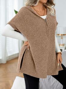 EMERY ROSE Plus Size Front Zipper Batwing Sleeve Simple Casual Hooded Sweater Vest - Camel - View 5