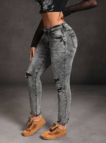 SHEIN SXY Quần Jeans Rách Thường Ngày Túi Nút Phía Trước Cho Nữ - Màu xám đen - Xem 5