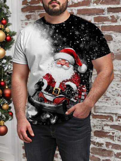 Manfinity Homme 男士加大码圣诞休闲趣味圣诞老人水墨画风格图案印花短袖修身圆领 T 恤，男友礼物，适合外出