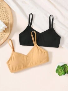 SHEIN 2 件套 Tween Girl 法式简约 V 领加垫舒适透气休闲内衣套装 - 杏色 - 查看 1