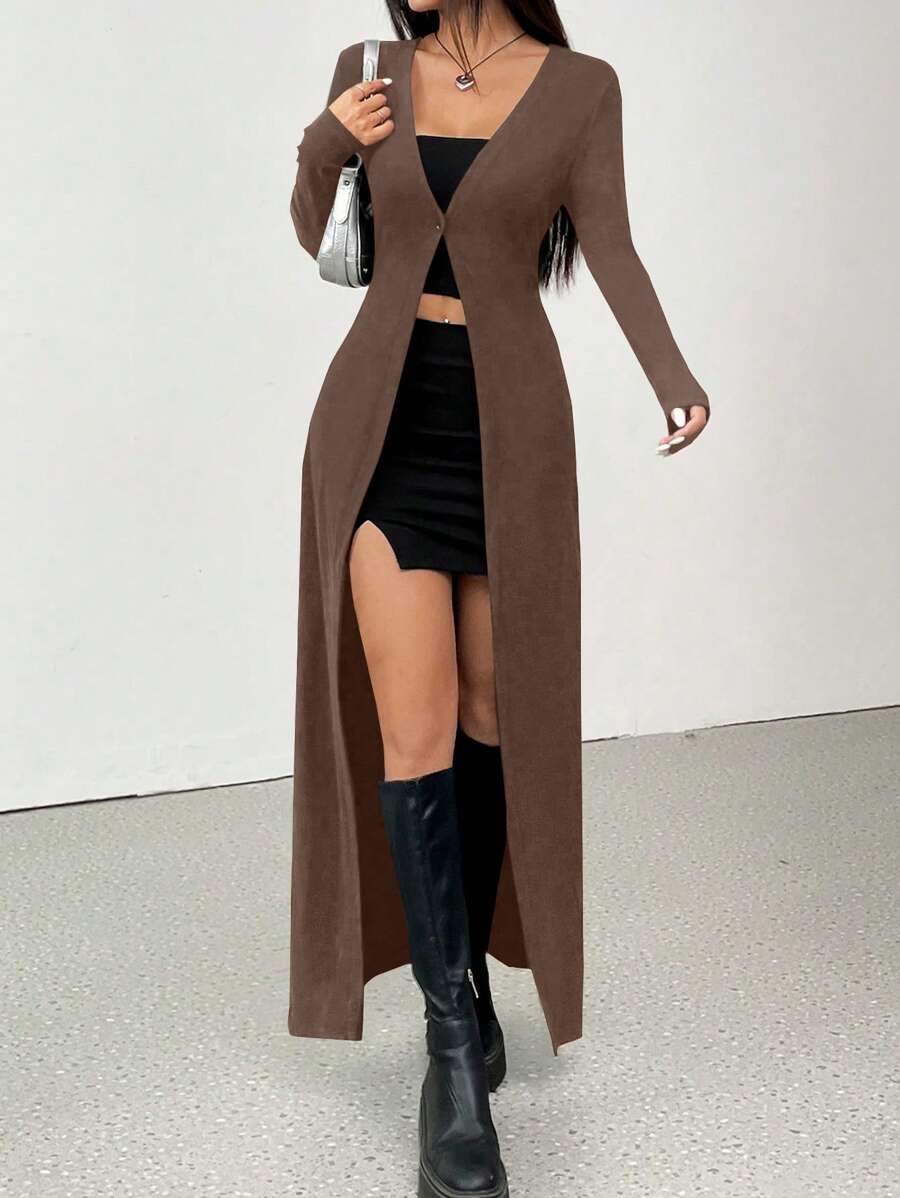 SHEIN EZwear Women's Casual Solid Color Fitted Long Cardigan With Buttons, Autumn - Brown - View 1