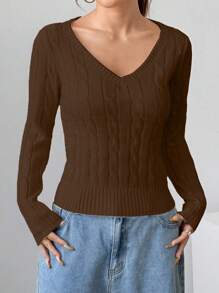 SHEIN Unity Women's Solid Color V-Neck Cable Knit Sweater, Versatile Campus Style For Autumn/Winter Knit Pullover Fall Outfit - Chocolate Brown - View 3