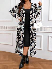 SHEIN LUNE 2pcs Plus Size Women Autumn Floral Print Long Sleeve Front Open Jacket And Dress Casual Suit Set - Multicolor - View 1