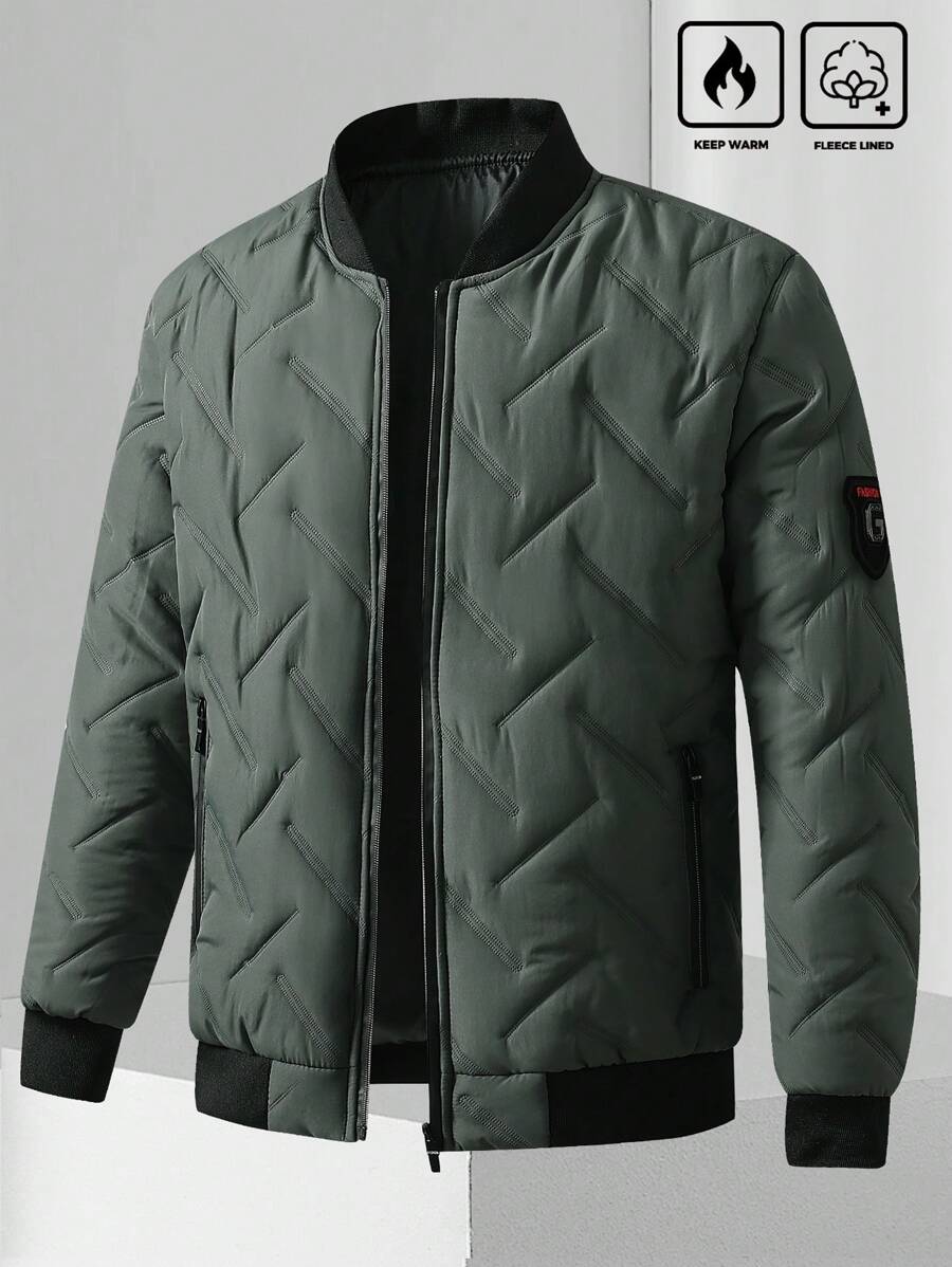 Manfinity Homme Loose Fit Men's Zip Up Quilted Bomber Winter Coat - Army Green - View 1