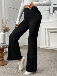 Chiquease 女士弹性腰部紧身喇叭腿休闲黑色裤子 - 黑色 - 查看 6