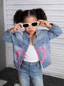 SHEIN Girls Casual Denim Jacket, Cute And Fashionable, Lightweight And Comfortable For Spring And Autumn - Medium Wash - View 4