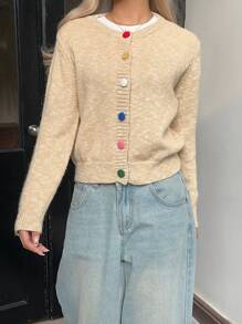 SHEIN EZwear Women's Retro Style Cardigan In Apricot Color, Warm For Autumn/Winter - Apricot - View 3