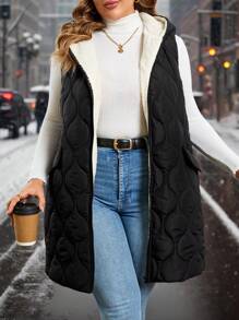 SHEIN Clasi Gourd-Shaped Padded Vest With Pockets, Warm Thermal Lined , Plus Size, Winter