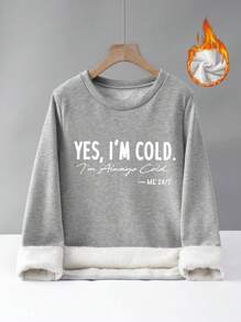 SHEIN LUNE Women English Letter Print Round Neck Long Sleeve Thermal Lined Long Length Casual Sweatshirt, Autumn Winter