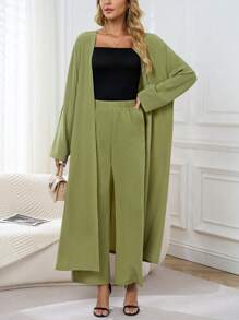 INAWLY 2 件女式纯色前纽扣长袖上衣和长裤套装 - 墨綠色 - 查看 1