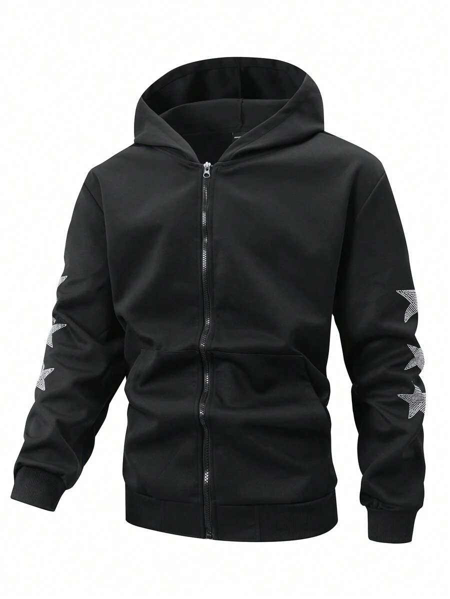Manfinity Homme Plus Size Men's Rhinestone Five-Pointed Star Graphic Zip-Up Hooded Winter Men Jacket - Black - View 1