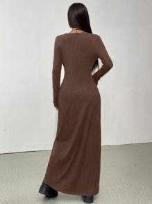 SHEIN EZwear Women's Casual Solid Color Fitted Long Cardigan With Buttons, Autumn - Brown - View 2