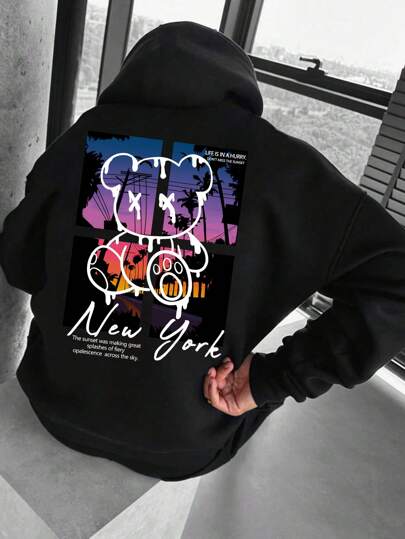 Manfinity Homme 남성 슬로건 & 카툰 그래픽 포켓 드로스트링 후드티 뉴욕 후드티 남성 그래픽 후드티 남성 후드티 그래픽 후드티 남성 그래픽 남성 그래픽 후드티, 가을용