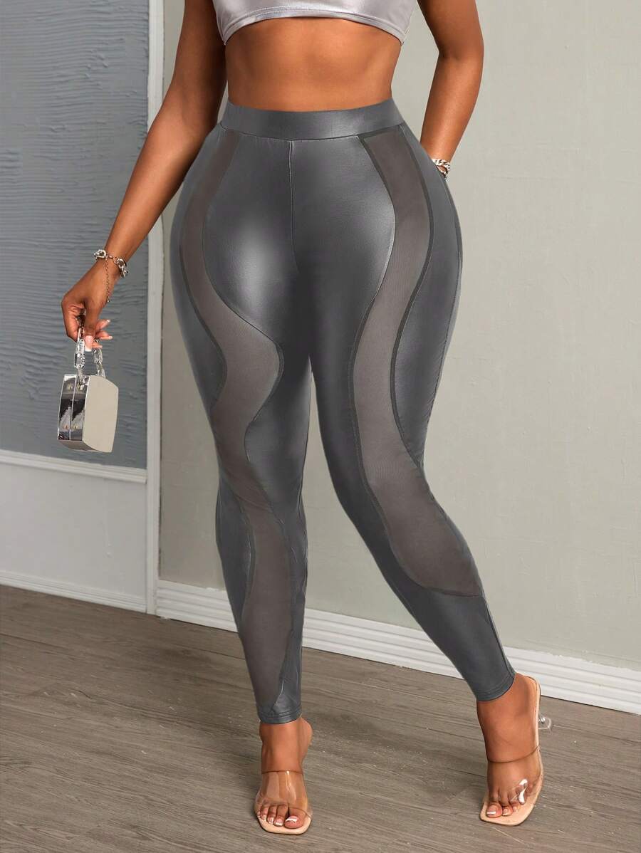 Slaydiva Plus Size Women's Club Fashion Sexy Black Asymmetrical Contrast Mesh Stretchy Tight Pants - Grey - View 1