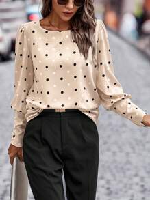 EMERY ROSE 1 chiếc áo cánh tay bồng in họa tiết chấm bi thanh lịch cho nữ, mùa thu - Màu be - Xem 2