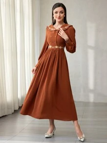 Modelyn 刺绣双排扣彼得潘领优雅长袖连衣裙超长女士装长款晚礼服 - 珊瑚橙 - 查看 6