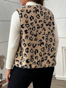 Calvaya Plus Size Casual Leopard Print Front Button Sleeveless Jacket For Autumn