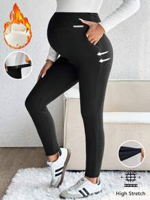 SHEIN Metallic Sticker Maternity Elastic Waist Slimming Leggings - Black - View 1
