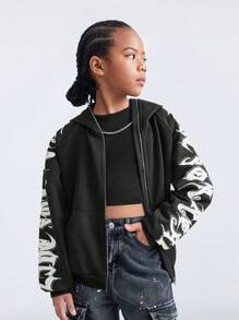 SHEIN Sudadera con capucha con cremallera para niñas preadolescentes de otoño/invierno, sudadera oversize negra con estampado de letras de Halloween Y2K