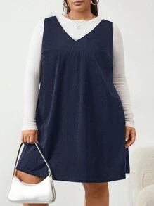 SHEIN CURVE+ French Style Solid Color V-Neck Corduroy Dress (Sweater Not Included)