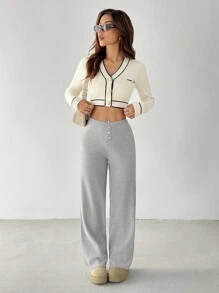 SHEIN PETITE White Cardigan Contrast Binding Button Front Cardigan - Apricot - View 4