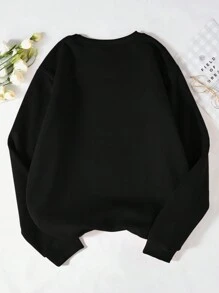 INAWLY 休闲蝙蝠与字母印花羊毛连帽卫衣，秋冬 - 黑色 - 查看 2