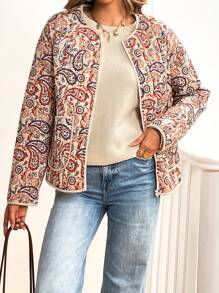 SHEIN VCAY 印花保暖宽松女士夹克，冬季女装，夹克，保暖，绗缝休闲夹克 - 棕色 - 查看 3