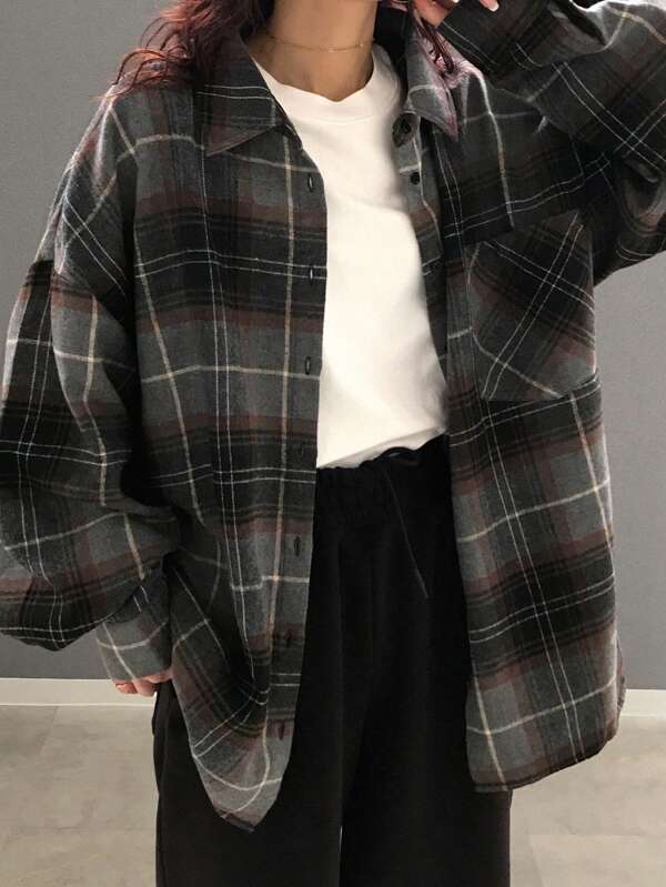 FRIFUL Damen Herbst Karomuster Oversized Langarm Lässiges Hemd mit Knöpfen, Flanellhemden für Frauen