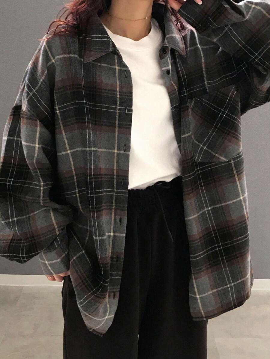 FRIFUL 女士秋季格子落肩长袖宽松纽扣休闲宽松衬衫，法兰绒女装，秋季女装 - 彩色 - 查看 1