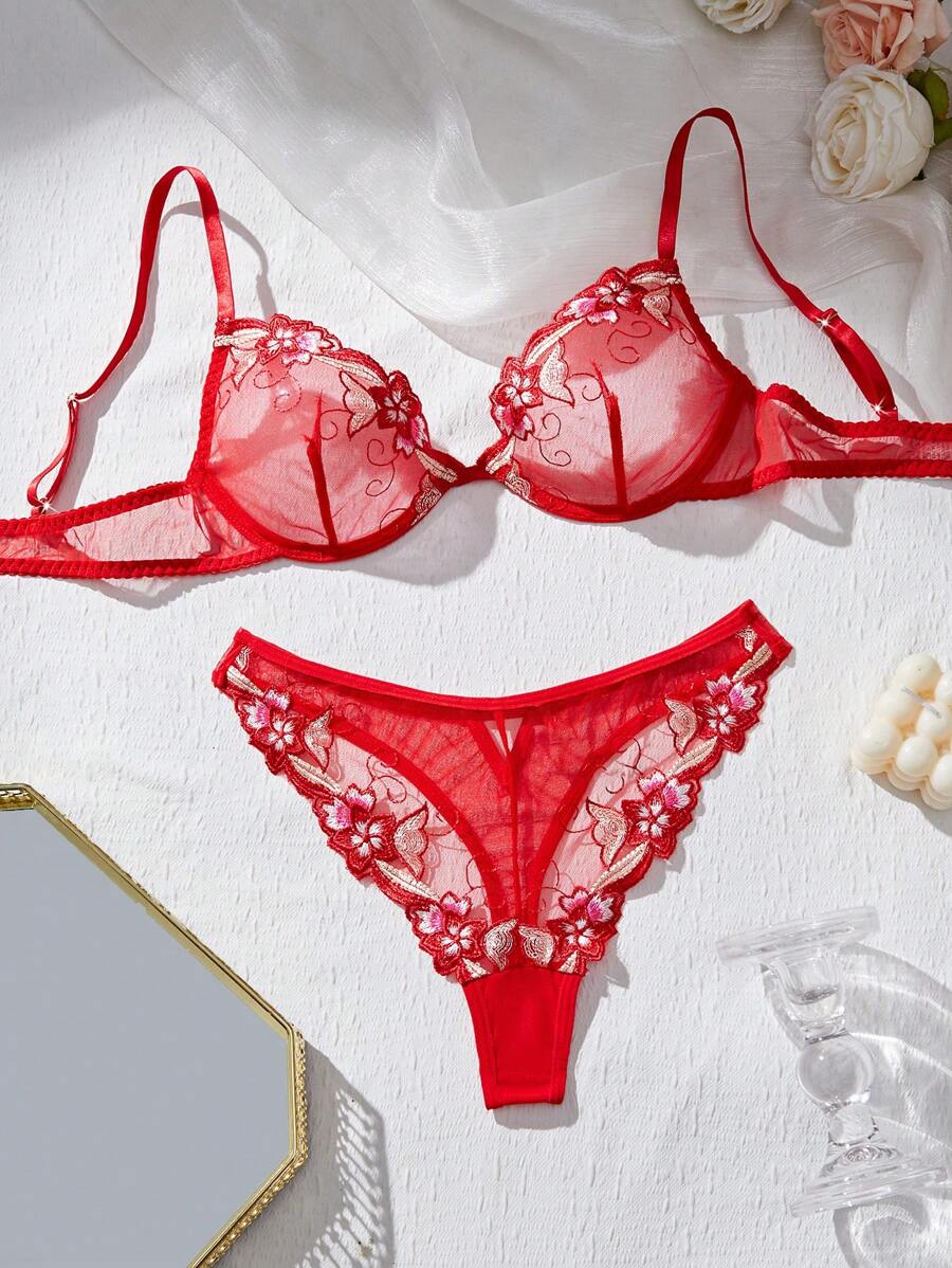 2pcs/Set Romantic Embroidered Sheer Mesh Underwire Lingerie Bra And Panty Set - Multicolor - View 1