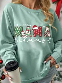 Flirla Plus Size Christmas Letter Print Crew Neck Sweatshirt Pullover Fall Outfit - Green - View 1