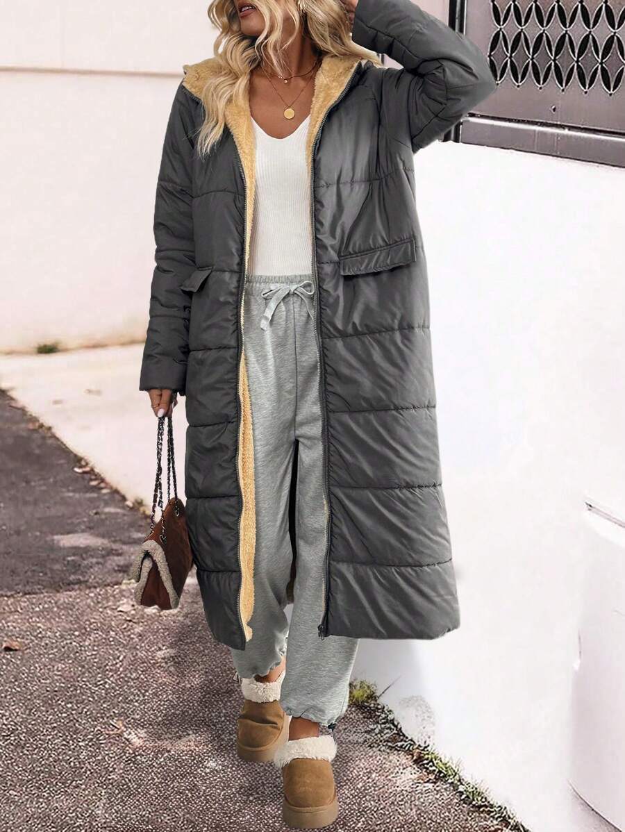 SHEIN LUNE Women's Front Zipper Long Sleeve Pockets Minimalist Long Hooded Casual Padded Padded Coat Clothes Winter - Army Green - View 1