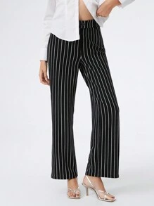 SHEIN EZwear Pantalones casuales rectos y holgados de punto con rayas negras para mujer