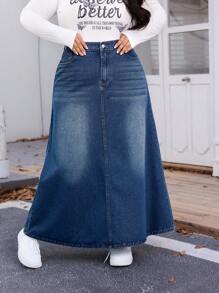 SHEIN EZwear Chân váy chữ A dài denim giặt cỡ lớn, thường ngày mùa thu/đông - Màu xanh lam - Xem 1