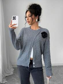 SHEIN Unity 新款复古麻花针织宽松扭结下摆开襟设计休闲柔软舒适套头毛衣，女士秋冬针织套头衫 - 深灰色 - 查看 3