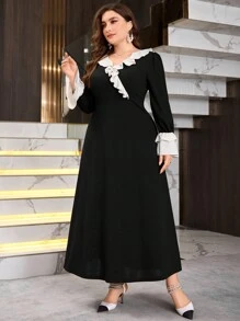 Modelyn 女士加大码 V 领拼色荷叶边领修身喇叭裙，修身，春秋长款女士装长款晚礼服 - 黑色 - 查看 3