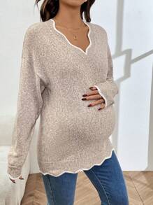 SHEIN Maternity Autumn/Winter Colorblock V-Neck Drop Shoulder Casual Sweater