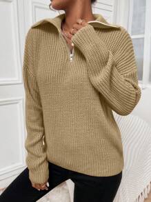 Chiquease 半拉链门襟毛衣，简约时尚，休闲日常针织套头衫，秋冬季款 - 橄欖綠 - 查看 4