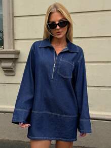 Forever 21 Winter Women Clothes New Autumn/Winter Loose Collar Half-Zip Long Sleeve Denim Wash Casual Mini Dress Santa Dress Winter Clothes Christmas Women Clothes Christmas Skirt Thanksgiving Women Outfit Christmas Party Women Dress New Year Eve Dress Thanksgiving Dress New Years Thanksgiving Women Dress Christmas Clothes Holiday Dress New Years Dress Christmas Party Dress Women Clothing Winter Women Skirts Winter Women Outfits Birthday Women Outfits Essential - Blue - View 3