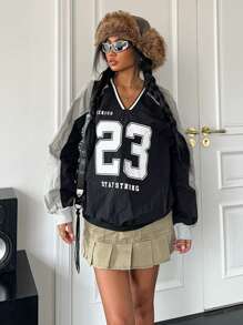 SHEIN EZwear 1pc Women Letter Print Contrast Color V-Neck Pullover Sweatshirt