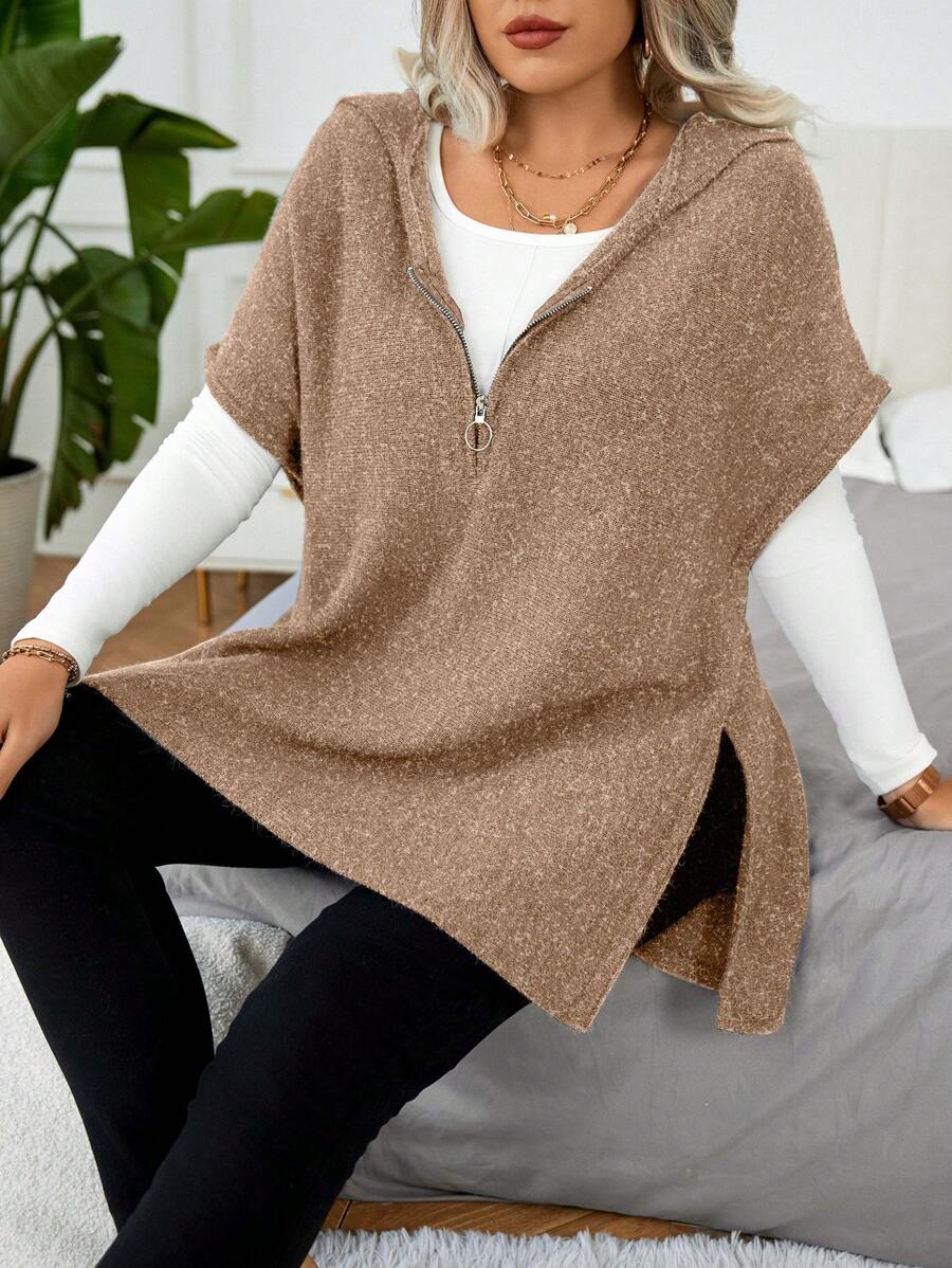 EMERY ROSE Plus Size Front Zipper Batwing Sleeve Simple Casual Hooded Sweater Vest - Camel - View 1