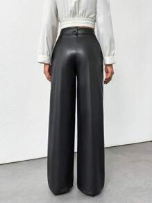 EURMUSE Plus Size Gold Button Detailed Straight Fit Leather Pant - Black - View 2
