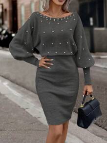 SHEIN Clasi Elegant Pearl Embellished Bell Sleeve Sweater Dress, Autumn/Winter