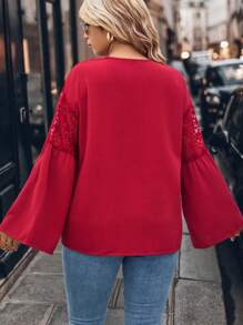 SHEIN LUNE Women's Solid Color Lace Trim Tie Cuff Elegant Design Slim Fit Blouse, Fashionable Versatile Wear For Fall, Suitable For Halloween, Christmas, New Year, Valentine's Day, Thanksgiving Party & Occasions, Plus Size - Red - View 2