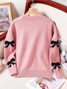 Tween Girl Bowknot Sweater, Adorable Black Bow Knitted Pullover, Loose Fitting Round Neck Jumper - Pink - View 2