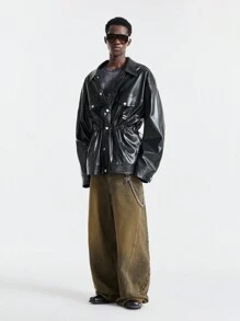 Manfinity VCAY Men Black Loose Fit Street Style Leather Jacket, For Fall Winter - Black - View 7