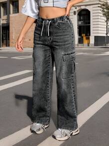 SHEIN Explorewe Quần jeans ống rộng có dây rút, cạp chun điều chỉnh, phong cách đường phố cổ điển, thoải mái, dành cho bé gái tuổi teen - màu đen - Xem 4
